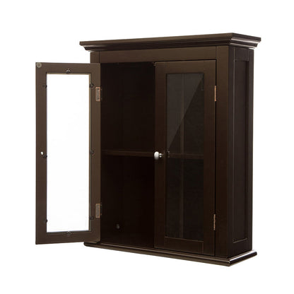 Wooden Wall Mounted Storage Cabinet with Glass Double Doors, Espresso